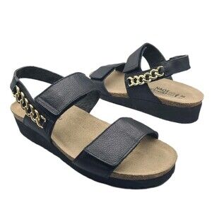 Naot Eliana Sandals sz 7/ 38 Black Leather low Wedge Slingback Chain NEW